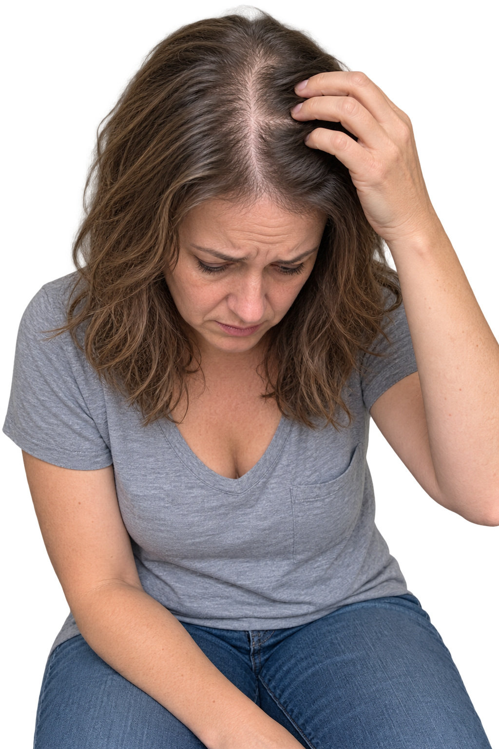 Woman worried about the widening part and crown visible in her hair