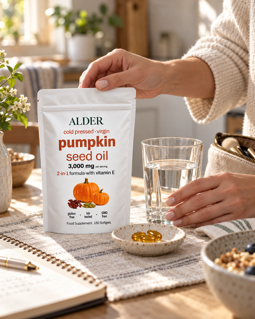 Alder pumpkin seed oil softgels shown in a daily routine