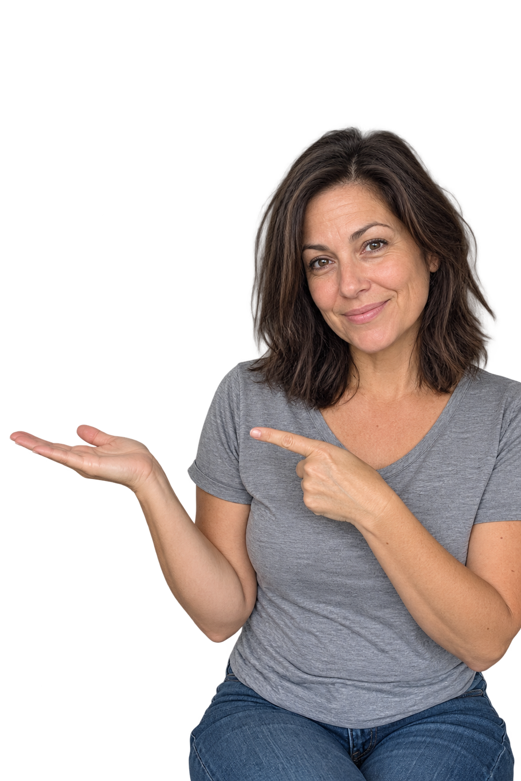 Woman making direct eye contact while presenting Alder Pumpkin Seed Oil softgels