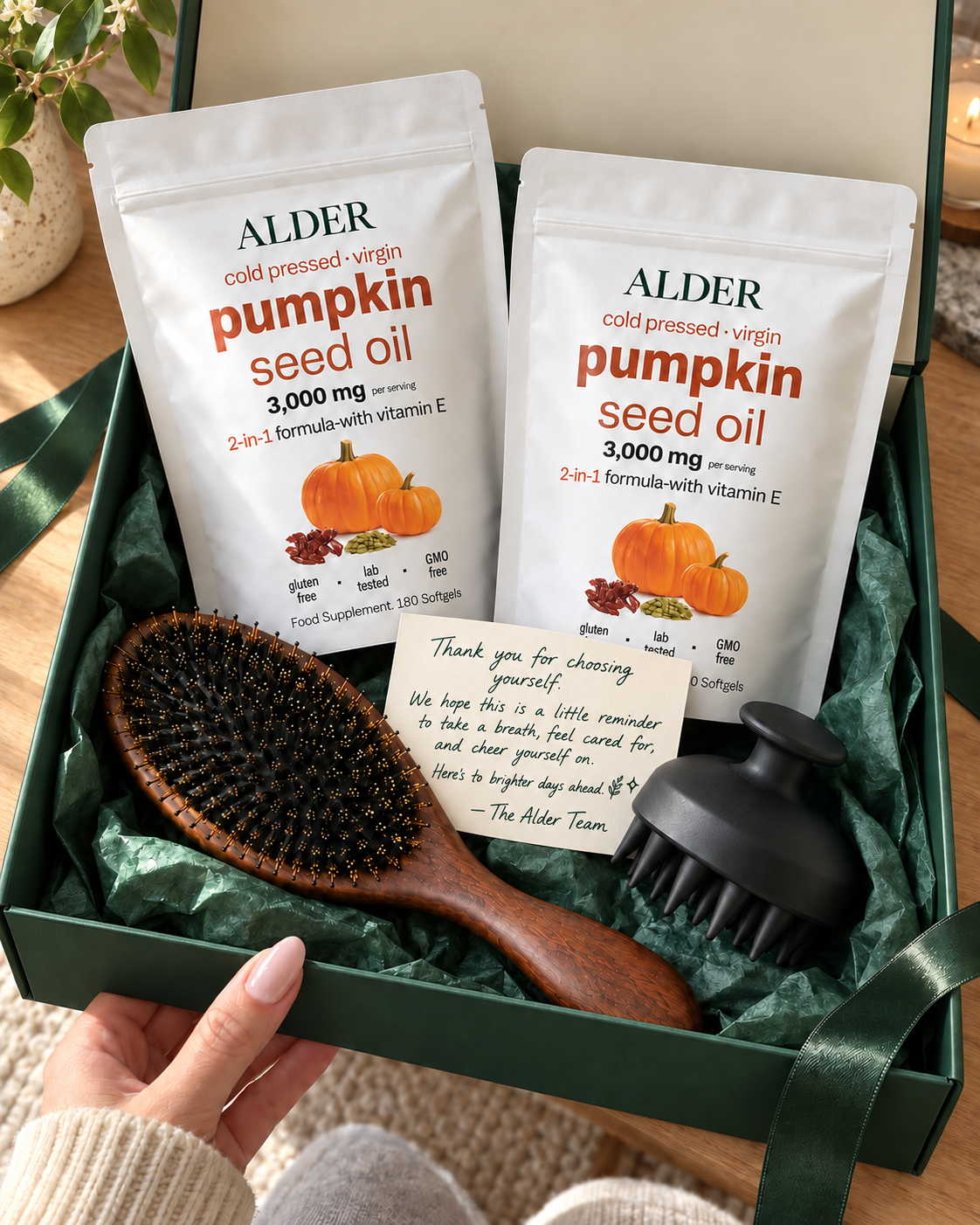 Customer holding the Alder gift box with two softgel pouches and hair-care gifts