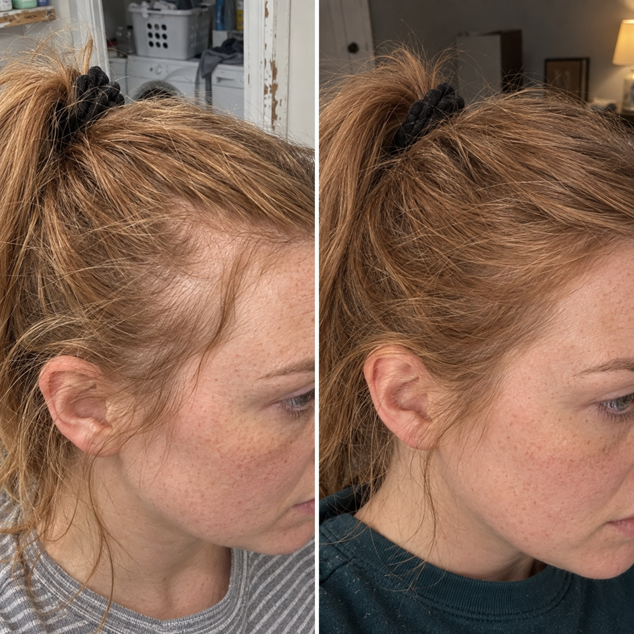 Customer-submitted before and after image showing a fuller-looking hairline
