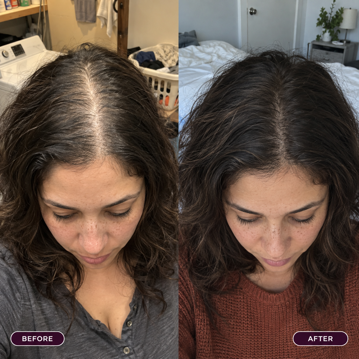 Customer-submitted before and after image showing a fuller-looking centre part