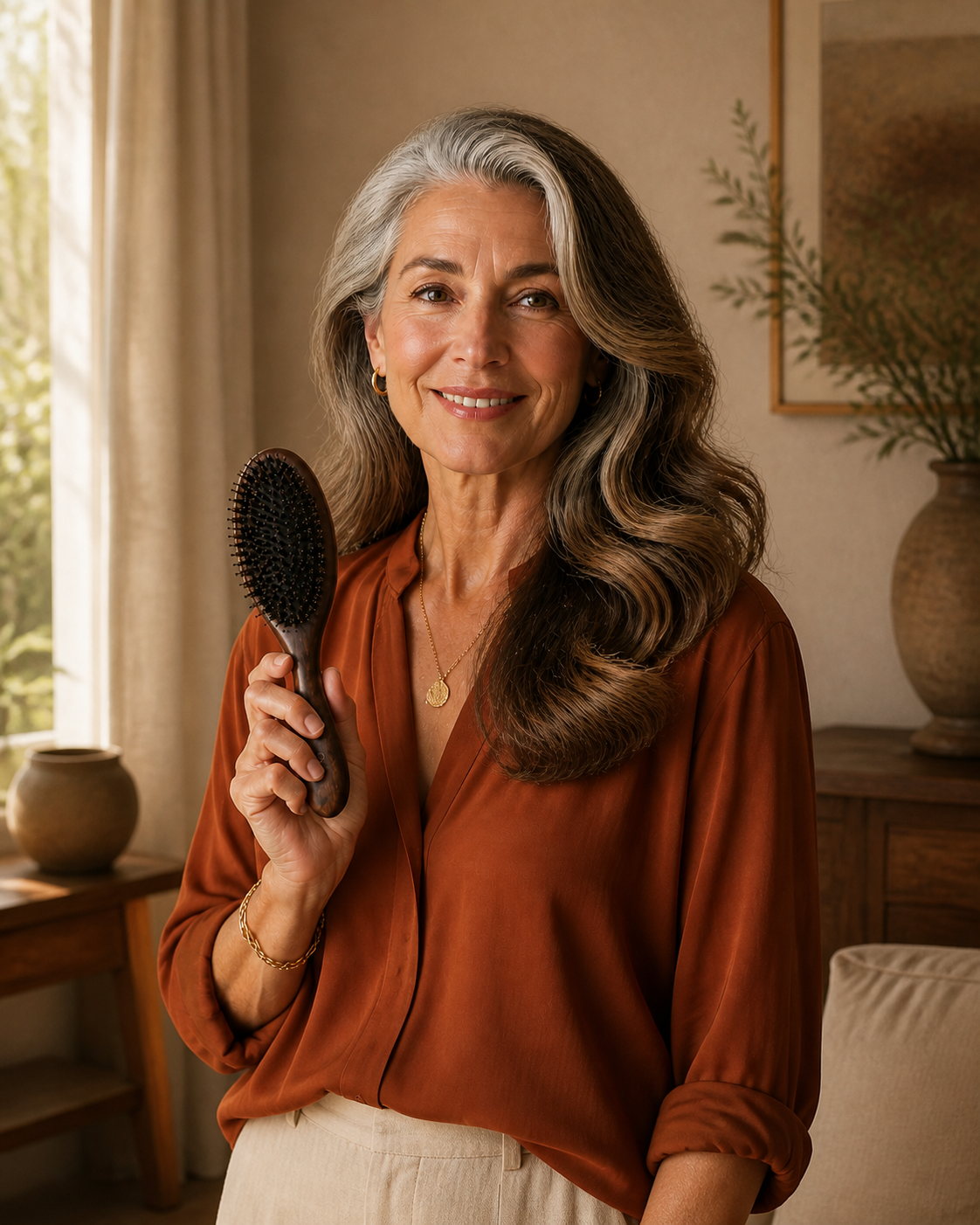 Woman with soft wavy hair holding The Wavy Hair Brush