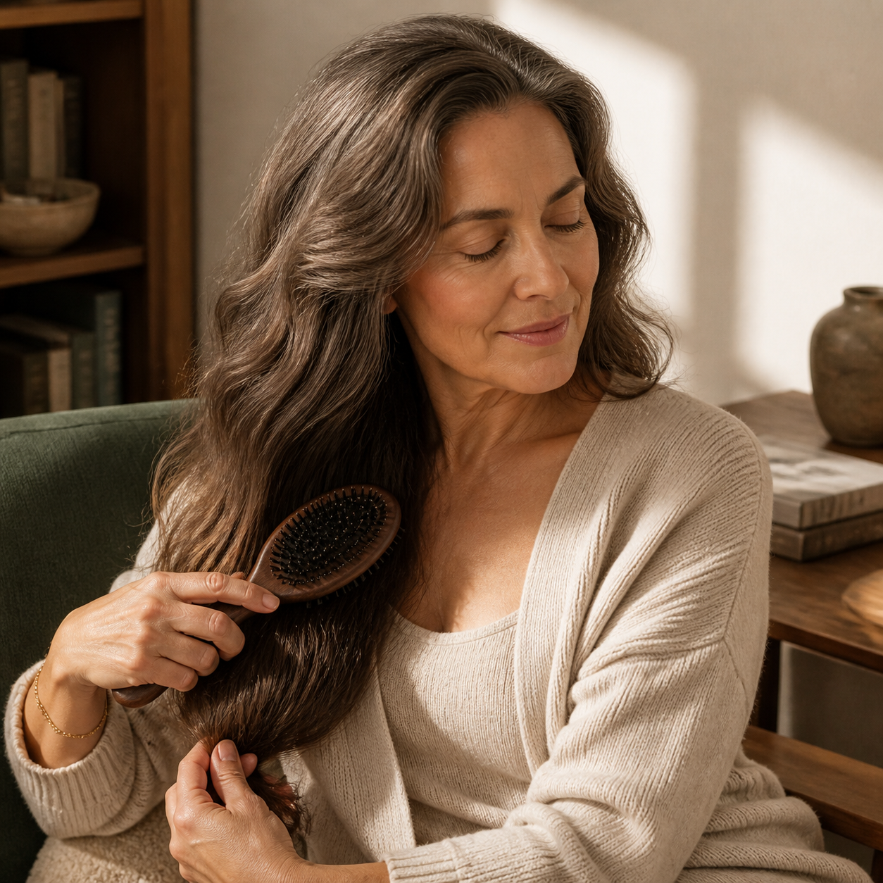 Woman enjoying a quiet brush-through in a reading corner