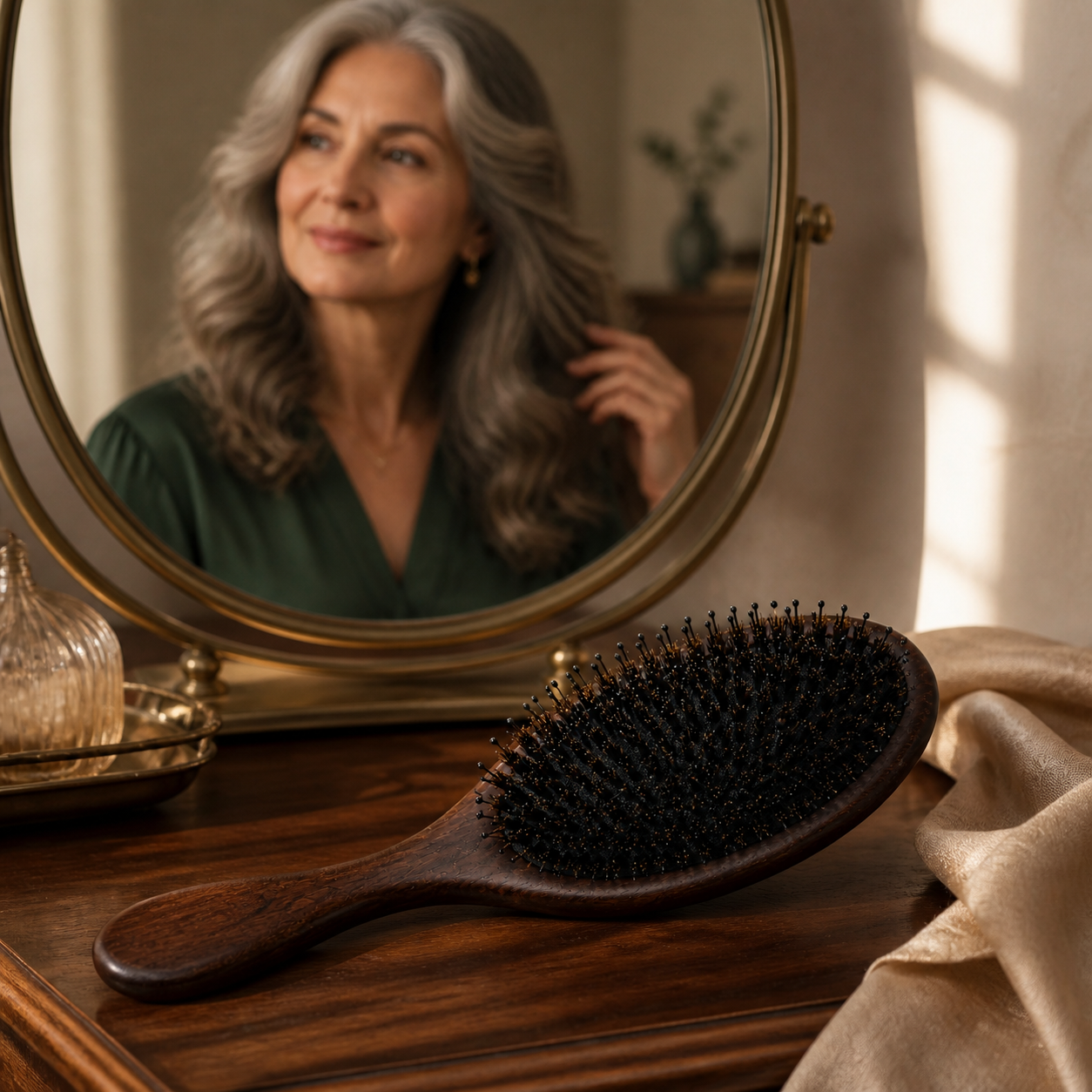 Hair brush resting on a vanity with a woman reflected in the mirror