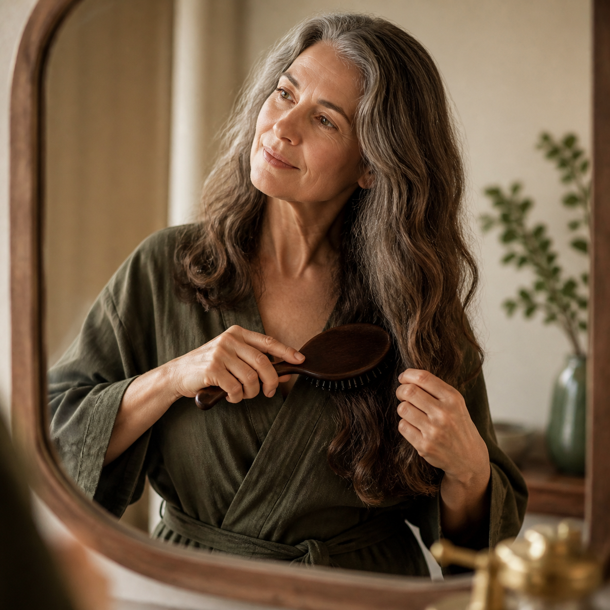 Woman gently brushing through the lower lengths of her wavy hair