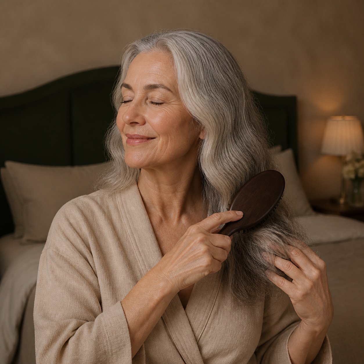 Woman gently brushing the ends of her wavy hair