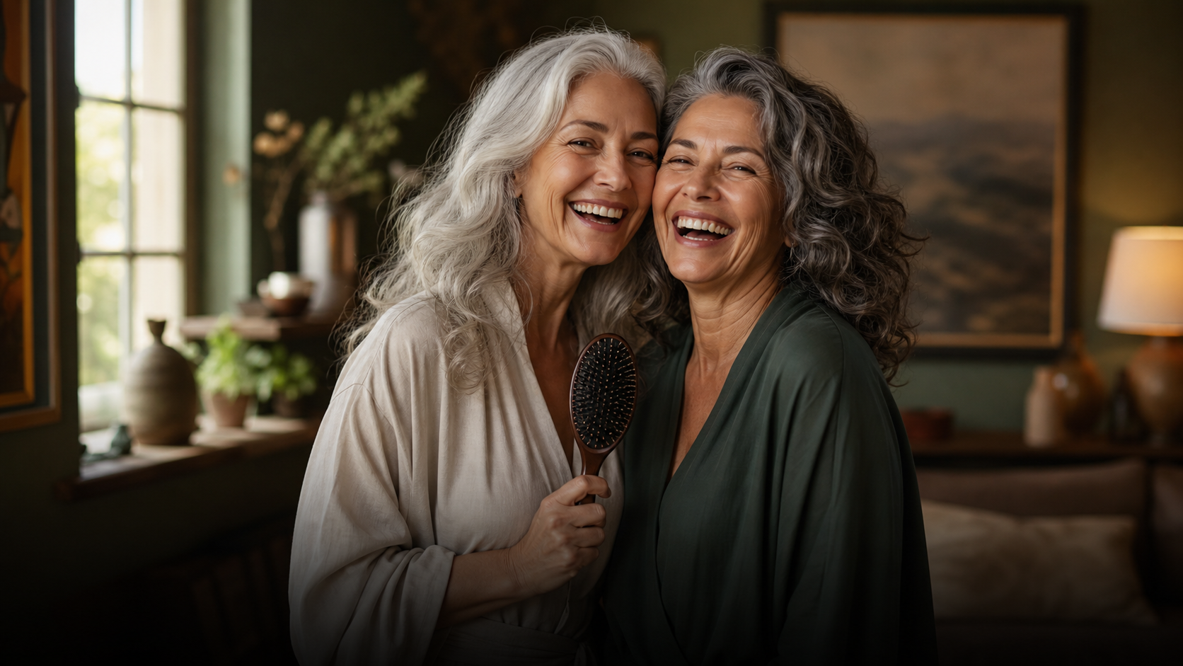 Two women with soft wavy hair sharing a moment with The Wavy Hair Brush