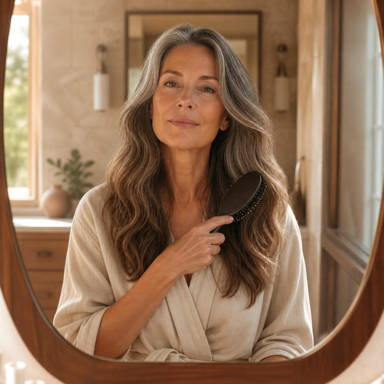 Woman gently brushing her wavy hair during a morning ritual