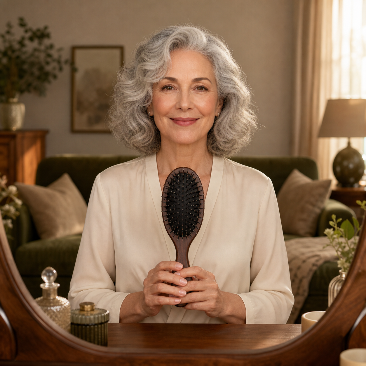Woman holding The Wavy Hair Brush at her vanity